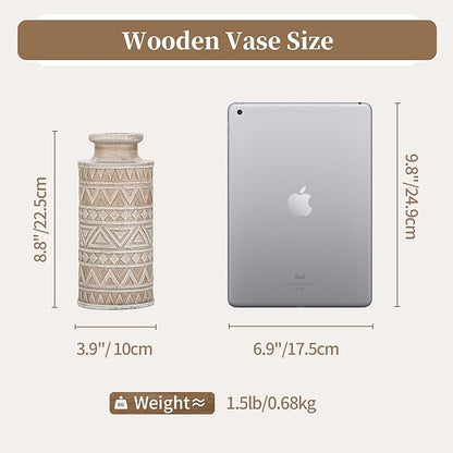 Hanobe Boho Vases Home Decor: Rustic Farmhouse Wood Vase for Living Room Kitchen Dining Table Centerpiece Aesthetic Carved Patterns Fall Decorations Bathroom Bedroom Office Accents