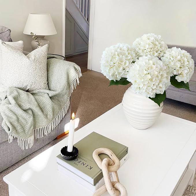 White Hydrangea Artificial Flowers, 4Pcs 22" Large Lifelike Faux Silk Flowers, Full Fake Artificial Hydrangeas with Stems for Bouquet Table Centerpieces Home Outdoor