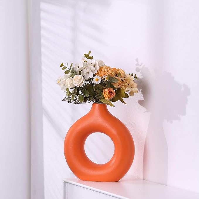 Modern Donut-Shaped Decorative Vases, Handmade Minimalist Boho ins Style, Modern Vase for Home Decor for Wedding Dinner Table Party Living Room Office Bedroom (Orange, Extra Large + Large)