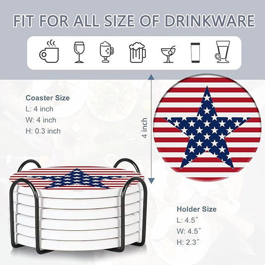 Drink Coasters Set of 6 with Holder, American Flag Eagle Absorbent Ceramic Drink Coaster for Tabletop Protection,Suitable for Kinds of Cups,Drinks Coasters for Home Office Decoration(4 Inches)