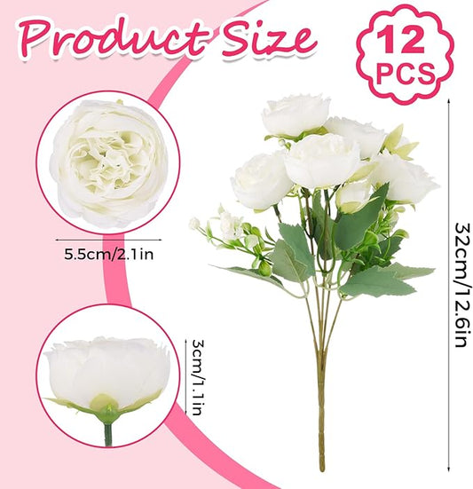 Olgaa 12 Bundles Peonies Artificial Flowers Artificial Peonies Silk Flowers Bulk Fake Peony Bouquet for Bridal Shower Decorations Wedding Table Centerpiece (White)