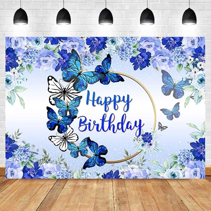 Butterfly Happy Birthday Backdrop Royal Blue Floral Bday Decorations Photography Background Women Blue Flowers Birthday Wishes Party Banner Supplies Photo Booth 10x7ft