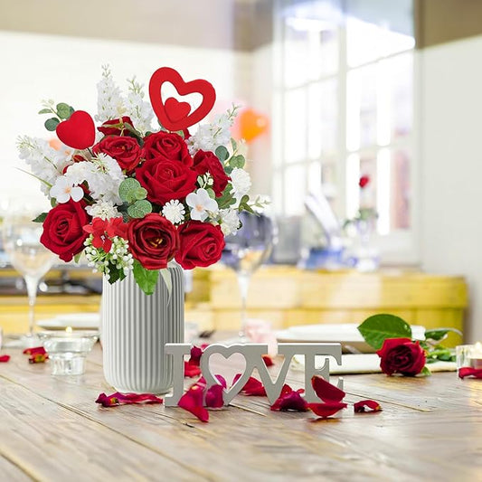 HUAESIN Artificial Rose Bouquet Faux Flower Stems Fake Rose Hyacinth with Red Heart Picks Spring Fake Floral Arrangements Indoor for Home Table Anniversary Valentine’s Decorations Outdoor