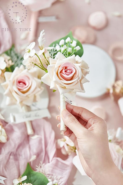 TINGE TIME Boutonniere for Men Wedding,Groom and Best Man Boutonniere for Wedding Ceremony Anniversary, Formal Dinner Party and Rustic Spring Wedding Marriage (10, Sakura Pink)