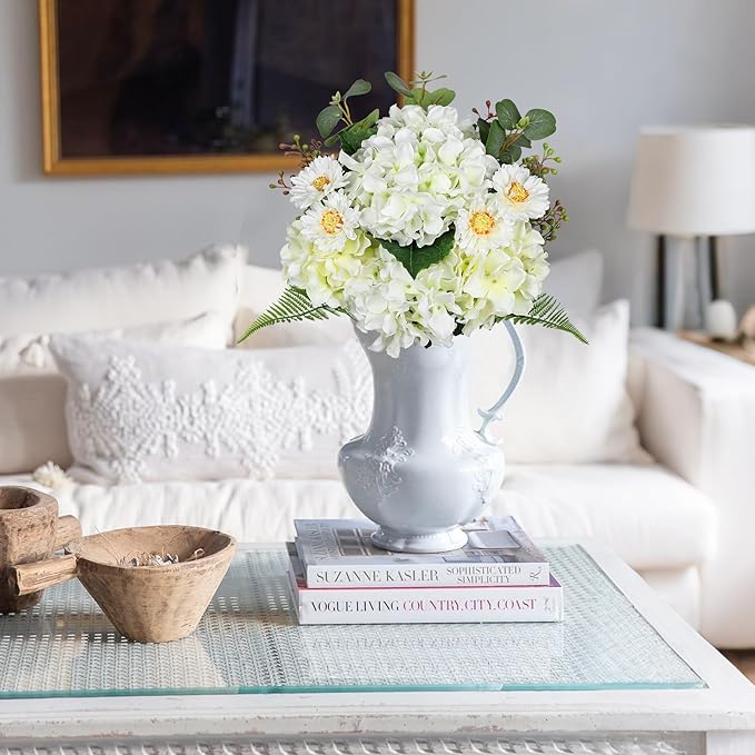 Hydrangea artificial Flowers 12PCS White Faux Flowers Fake Hydrangea Daisies Silk Arrangements Long Stems Realistic Fake Flowers for Vase Floral Centerpiece Wedding Bridal Bouquet Party Home Decor