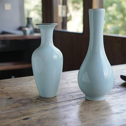 Vase Set of 2 – Handmade Ceramic Flower Vases (8in & 6in), Sage Jade Green Pottery Home Decor for Japandi or Modern Farmhouse Style