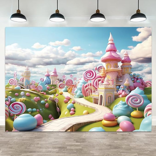 15x10ft Candyland Backdrop Fantasy Candy Castle Photography Background Sweet Lollipop Dream Blue Sky White Cloud Kids Birthday Banner Decorations Baby Shower Newborn Portrait Photo Booth Prop
