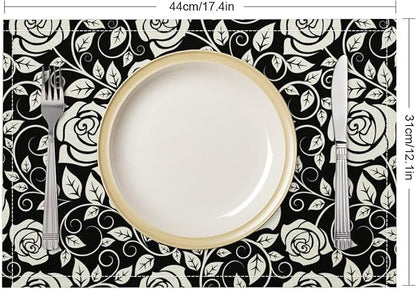Retro Flowers Placemats Set of 4, 17x12 Inch Modern Aesthetic Black White Florals Leaves Art Print Table Mats for Home Party Kitchen Dining Decor