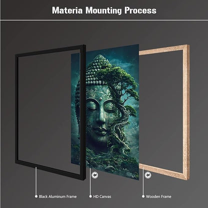 Buddha statue wall art canvas wall decor aesthetic picture mystical nature art for tranquil home and spiritual space 24x36in Metal blackFramed