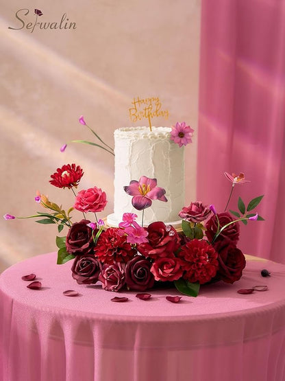 Serwalin Artificial Burgundy & Fuchsia Flowers, Silk Fake Flowers Stems for Wedding Bouquets DIY, Baby Shower Centerpieces, Cake Decor, Birthday Party & Home Decor