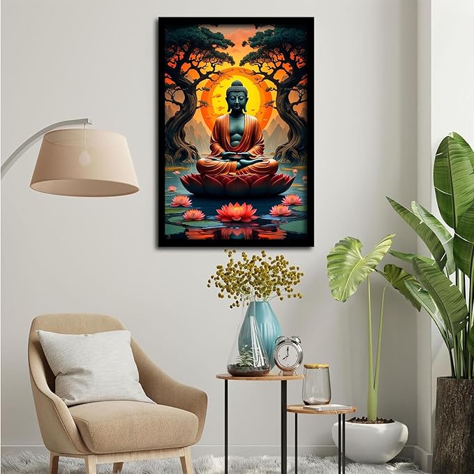 Canvas wall art Golden Buddha on lotus at sunset Ancient trees with reflections on water Serene meditation scene Uplifting wall art for mindfulness and tranquil home decor 20x30in Metal blackFramed