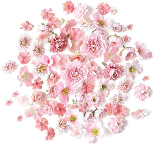 Floroom Mini Artificial Flower Heads Pink & Blush Fake Peony Daisy Rose Multicolor Small Faux Silk Flower Heads for Cake Craft Garland Wedding Party Graduation Cap DIY Home Decoration, 0.8"-3.6"