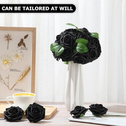 100 Pieces Artificial Foam Rose Flowers Faux Bouquet with Leaves and Stems for DIY Wedding Bouquets Centerpieces Bridal Shower Party Valentine Home Decorations(Black)