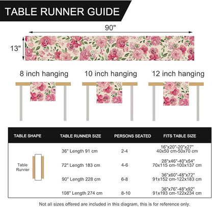 Seliem Spring Summer Watercolor Flower Table Runner, Pink Peony Floral Kitchen Dining Table Decor, Seasonal Burlap Home Decoration Indoor Outdoor Party Supply 13 x 90 Inches