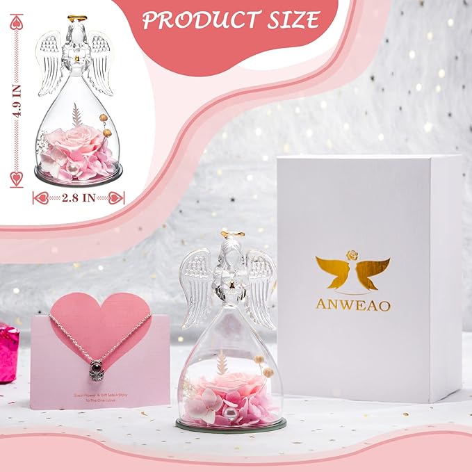 Angel Preserved Roses, Birthday Gifts for Women, Mom, Grandma, Wife, Mothers Day Glass Angel Women's Gifts, Wedding Gifts, Valentines Gifts for Her, Mothers Day Wishes Gifts for Mom
