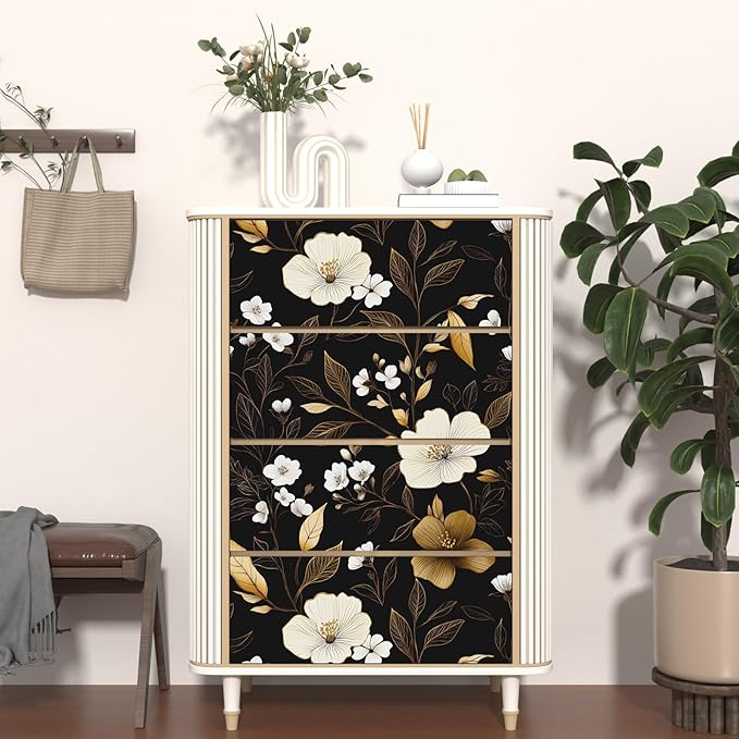 Black Gold Floral Wallpaper Peel and Stick 17.4" X 118" Golden Leaf Small Flower Contact Paper Floral Pattern Removable Self Adhesive Covering for Bedroom Cabinet Bathroom Home Decor Black Dark