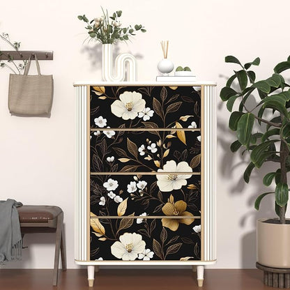 Black Gold Floral Wallpaper Peel and Stick 17.4" X 118" Golden Leaf Small Flower Contact Paper Floral Pattern Removable Self Adhesive Covering for Bedroom Cabinet Bathroom Home Decor Black Dark