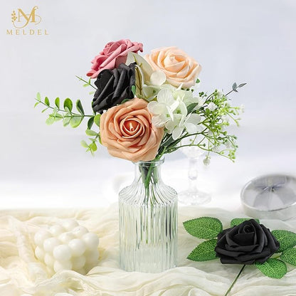 Meldel Artificial Flower 50pcs Real Touch Black Rose Fake Foam Roses with Stems for DIY Wedding Bouquets Gifts Bulk Crafts Faux Floral Centerpieces Arrangements Party Tables Home Halloween Decorations