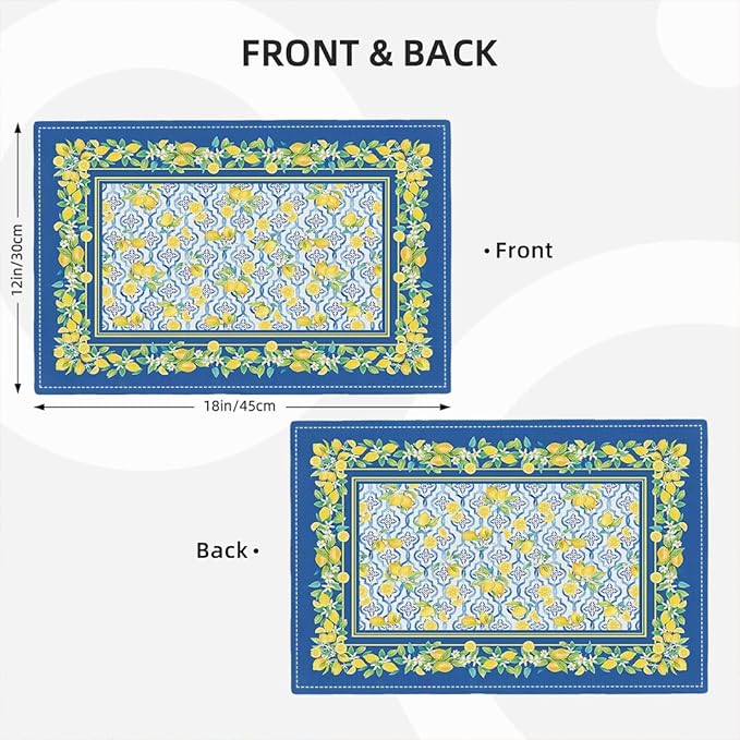 Lemon Placemats Set of 6, Farmhouse Blue Yellow Fruits Spring Summer Double-Sided Table Mats for Kitchen Dining Room Home Party Indoor Decor 6 PCS 12x18 Inch
