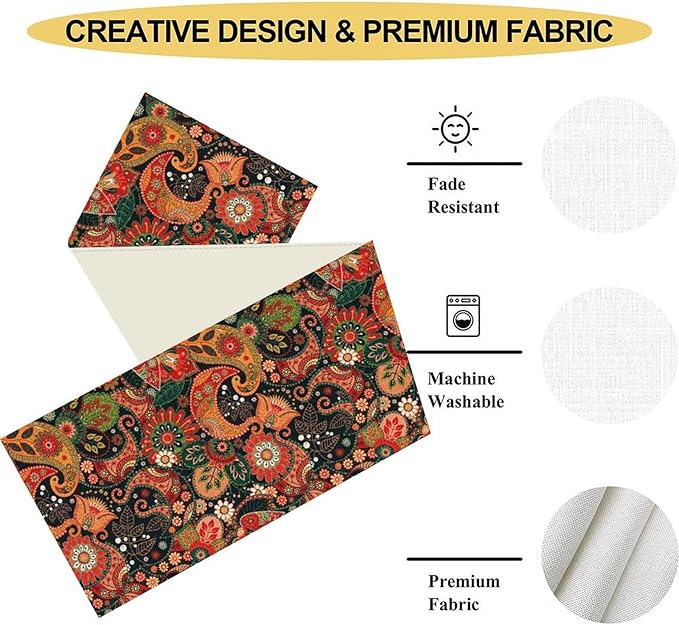 Vintage Paisley Table Runner, Colorful Retro Damask Antique Floral Flower Boho Damask Swirled Print Table Center Decor for Family Kitchen Table Decorations Indoor Outdoor 13x72 inch