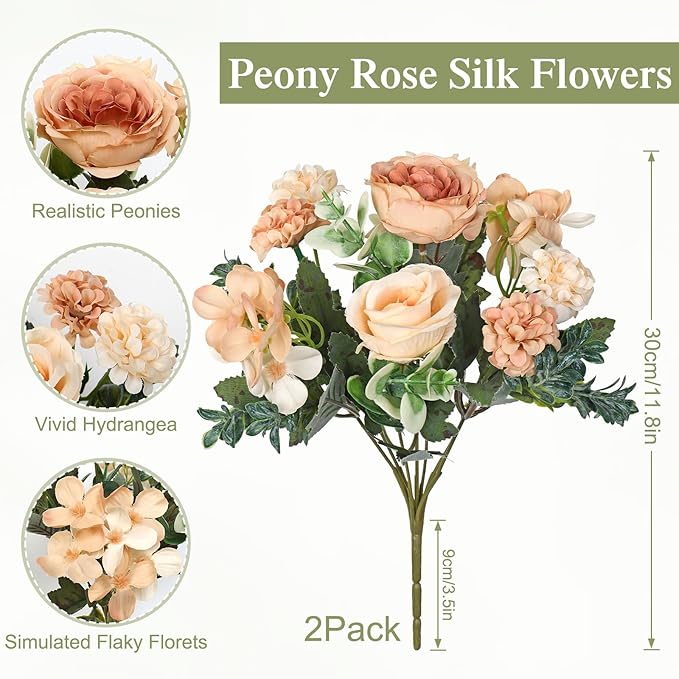2 Bundles Champagne Peonies Artificial Flowers Silk Flower Centerpieces for Tables Fake Flower Arrangements Mixed Roses Hydrangea with Stems for Wedding Bridal Bouquets Home Table Decor