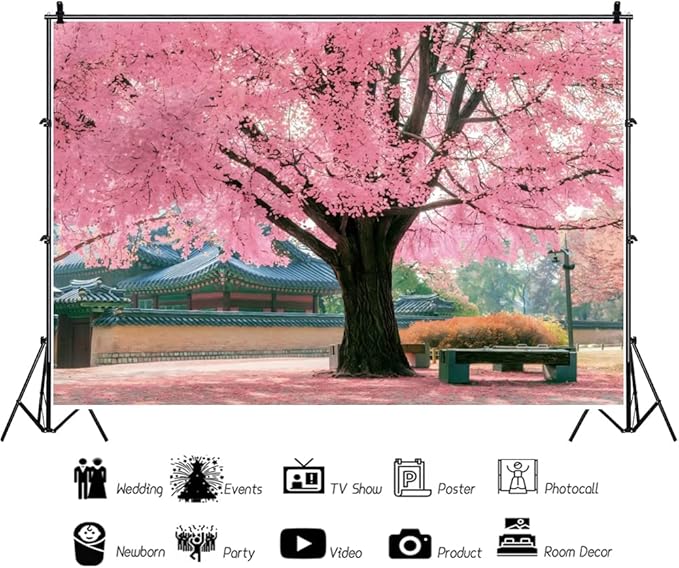Renaiss 10x6.5ft Pink Cherry Blossom Backdrop Polyester Fabric Japan Cherry Floral Tree Landscape Palace Asian Themed Party Photography Background Wedding Birthday Party Decor Photo Booth Props