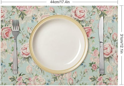 Pink Flowers Placemats Set of 6, 17x12 Inch Rustic Spring Floral Blossom Natural Romantic Table Mats for Home Party Kitchen Dining Decor