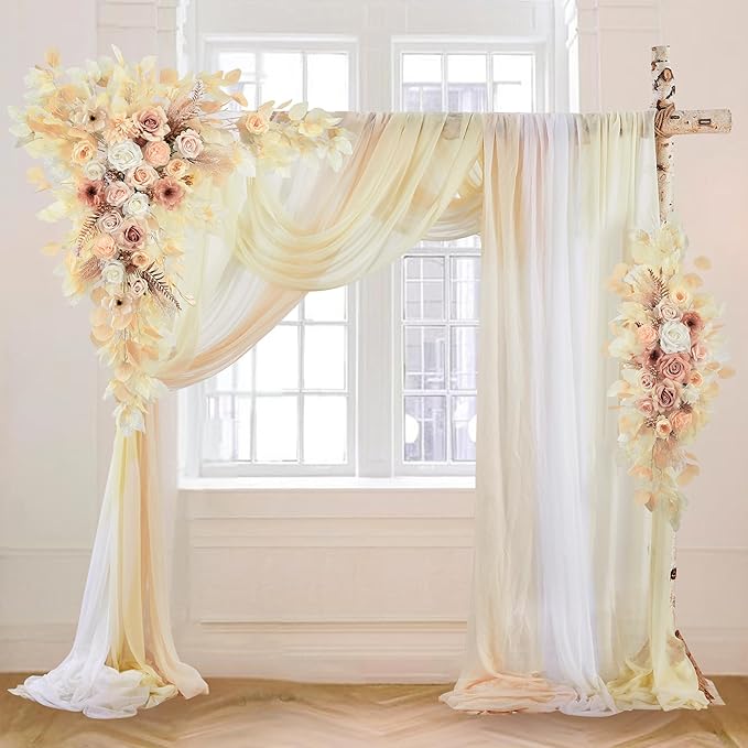 Wedding Arch Flowers Kit Pack of 5,2pcs Boho Artificial Floral Swag Arrangement and 3pcs Fabric Drap for Wedding Flower Arch Decor Ceremony Arbor Reception (Beige)