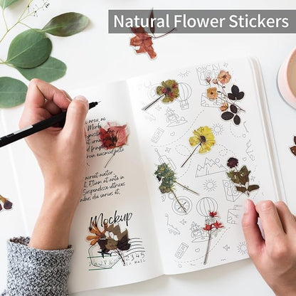 Natural PET Flower Stickers for Scrapbooking - Vintage Nature Plant Craft Sticker, Colorful Small Clear Floral Decal for Journaling (Style D)