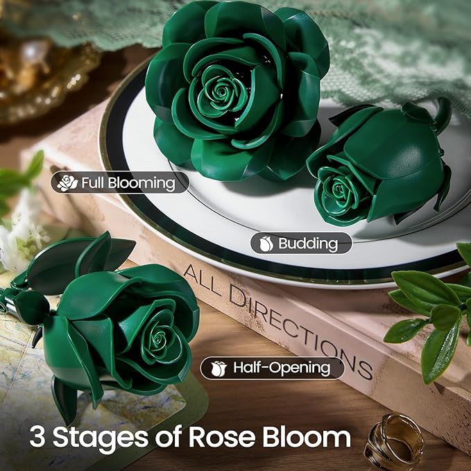 iATOM Green Rose Bouquet Building Set, Artificial Flowers Botanical Collection for Adults, Gift for Christmas and Valentines Day - Retro Home Office Table Centerpiece Decor - IA11018