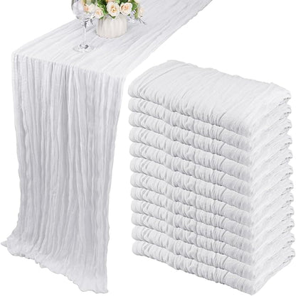 12 Pack Boho Gauze Table Runner - 35x72 Inch Rustic Cheese Cloth Long Table Runner for Wedding, Bridal Shower, Birthday Party Decor (White)