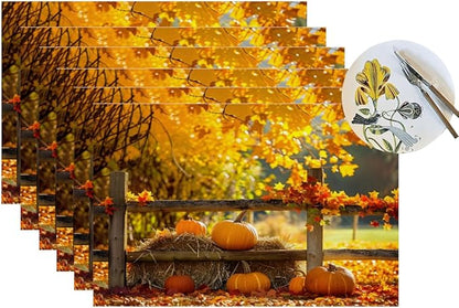 PVC Placemats Set of 6 Wipeable Table Mats Washable Heat Resistant Non Slip Vinyl Dining Table Mat for Kitchen Indoor Outdoor Patio Farmhouse Place Mats Autumn Pumpkin Maple Decorative