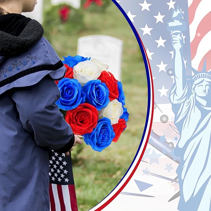 Waipfaru 16 Pcs Memorial Day Flowers for Cemetery Grave, Red White and Blue Flowers, Fake Roses Artificial Flowers 4th of July Independence Day Patriotic Decor