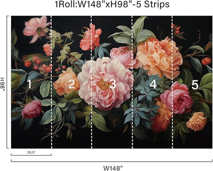 Zeeko Large Floral Peel and Stick Wall Murals 148" W x 98" H Vintage 3D Dark Peony Flowers Wallpaper Self Adhesive Nature Botanical Leaf Wall Stickers for Bedroom TV Background Living Room Decor
