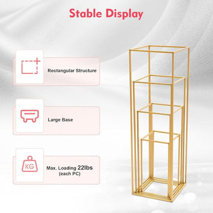 4Pcs Gold Wedding Flower Stands, 4 Different Sizes Metal Column Flower Holders Gold Flower Centerpieces Stands Wedding Metal Centerpieces Rectangular Vase for Wedding Decorations Party Event (4Pcs)