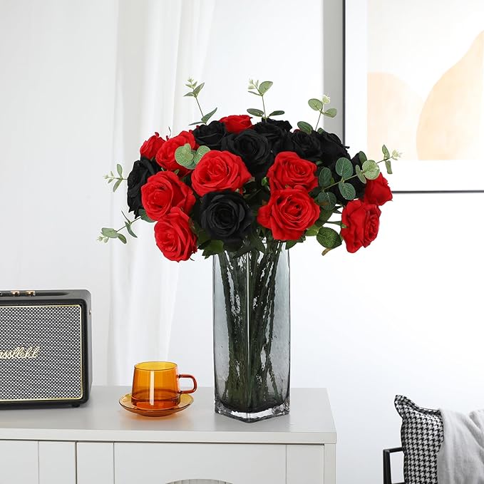 Tifuly Roses Artificial Flowers - 12 pcs Realistic Long Stem Fake Roses Mashup Style Silk Roses for DIY Bouquets Wedding Centerpieces Arrangements Home Party Decor(Black & Red)