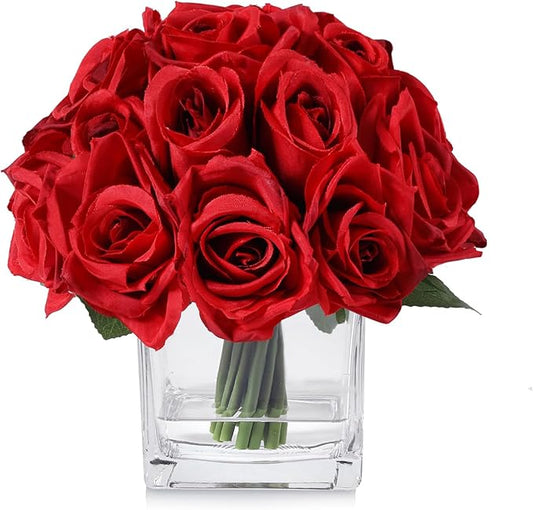 18 Heads Artificial Rose Flowers in Vase, Fake Rose Floral Arrangement in Vase with Fake Water for Dining Table Wedding Home Decor (Red)