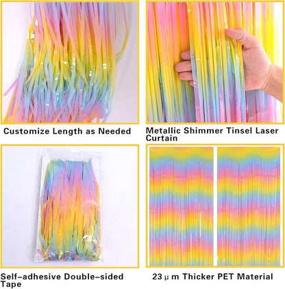 Pastel Rainbow Foil Fringe Curtains, 2Pcs 3.2x8.2ft Metallic Tinsel Foil Streamers Colourful Photo Booths Props Backdrop for Easter Princess Birthday Wedding Engagement Party Decorations