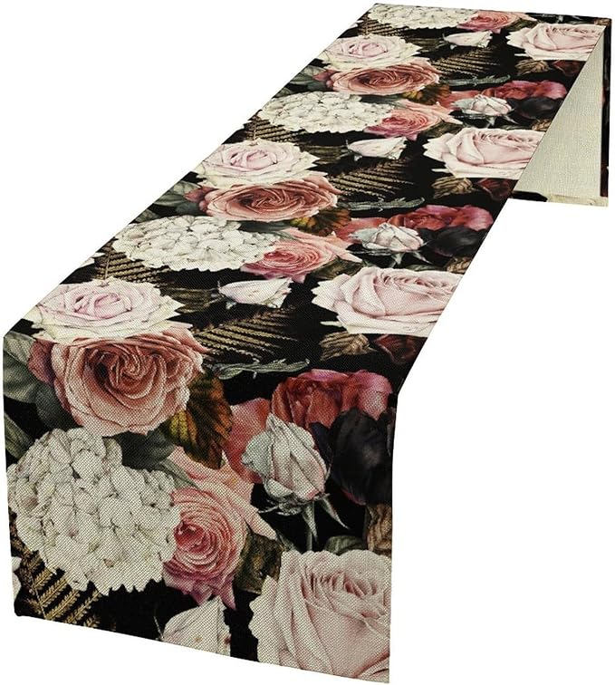 Gothic Flower Table Runner, Vintage Peony Rose Rustic Farmhouse Natural Spring Black Floral Leaves Table Runner for Home Indoor Outdoor Party Wedding Decor, 13x108inch