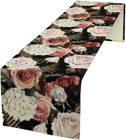 Gothic Flower Table Runner, Vintage Peony Rose Rustic Farmhouse Natural Spring Black Floral Leaves Table Runner for Home Indoor Outdoor Party Wedding Decor, 13x70inch