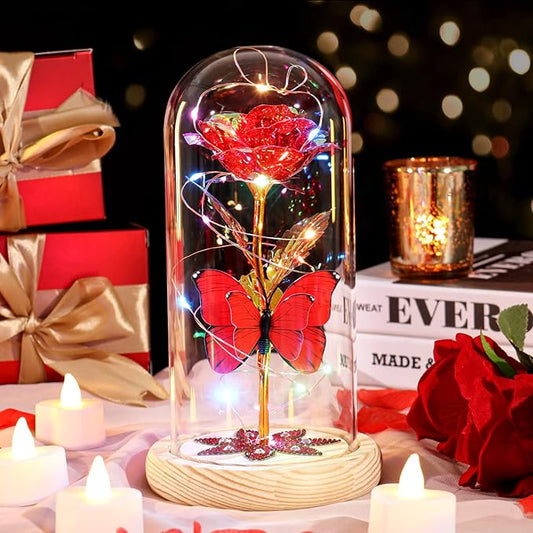 Beferr Christmas Rose Gifts for Women Mom Birthday Gifts, Galaxy Glass Rose Forever Preserved Flowers for Delivery Prime Light Up Rose in Glass Dome with Butterfly Xmas Gifts for Grandma Her Wife, Red