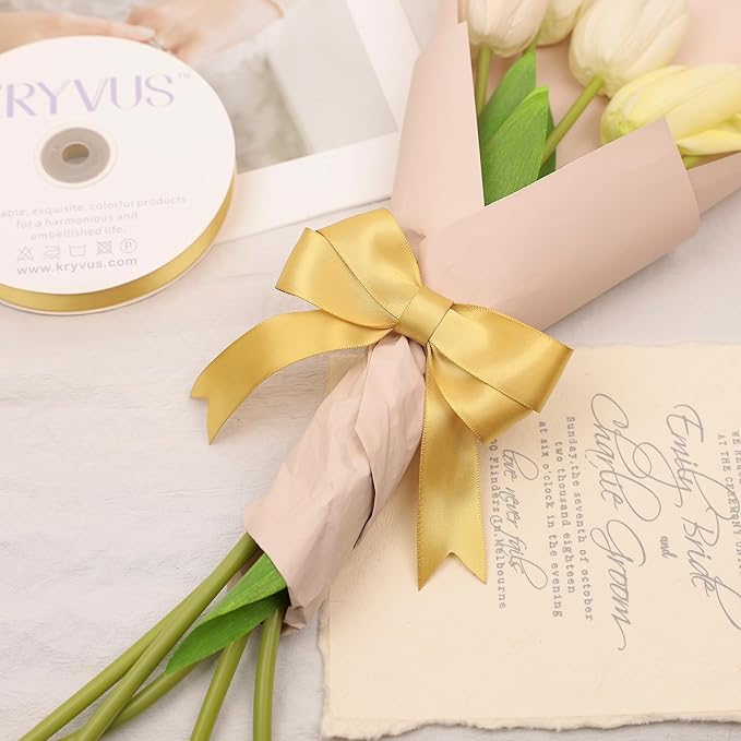 Light Gold Satin Ribbon, Double Faced 1 Inch X 50 Yards Light Gold Ribbon, Premium Satin Ribbon for Gift Wrapping, Crafts, Hair Bow Making, Sewing, Flower Bouquet, Wedding Party Decor