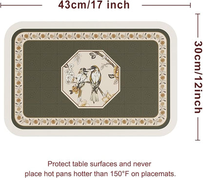 ISAENNE PVC Placemats Set of 6,Rectangular Flower and Bird Print Placemats, Waterproof and Heat-Resistant Place Mats,Decoration for Kitchen, Dining, Parties, Holiday,12"*17"