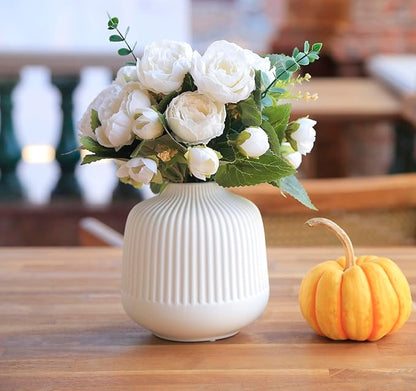 Matte White Vases Home Decor Stripe Centerpieces Modern Boho Ceramic Set of 2 for Flowers Pampas Grass Table Mantle Kitchen Porcelain