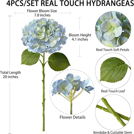 4 Pcs 20'' Real Touch Hydrangeas Light Blue Artificial Hydrangeas Flowers Faux Latex Hydrangea for Kitchen Living Room Porch Home Decor Baby Shower Party Wedding Table Centerpiece