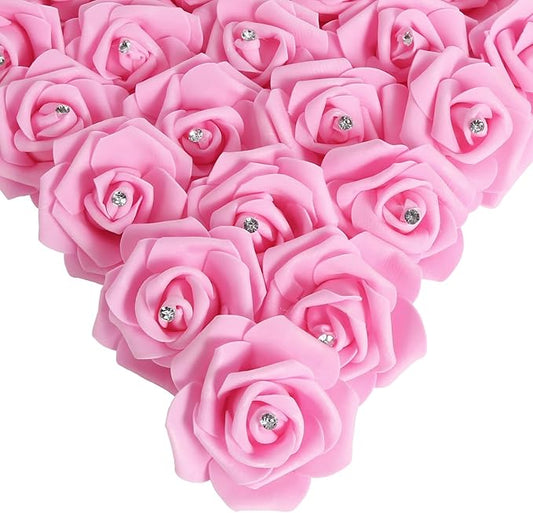 IPOPU 100pcs Pink Foam Rose Artificial Flower Bulk with Crystal 3in Real Looking Stemless Fake Roses for DIY Craft Wedding Bouquets Wall Decoration Bridal Shower Arrangement Home Decorations(Pink)
