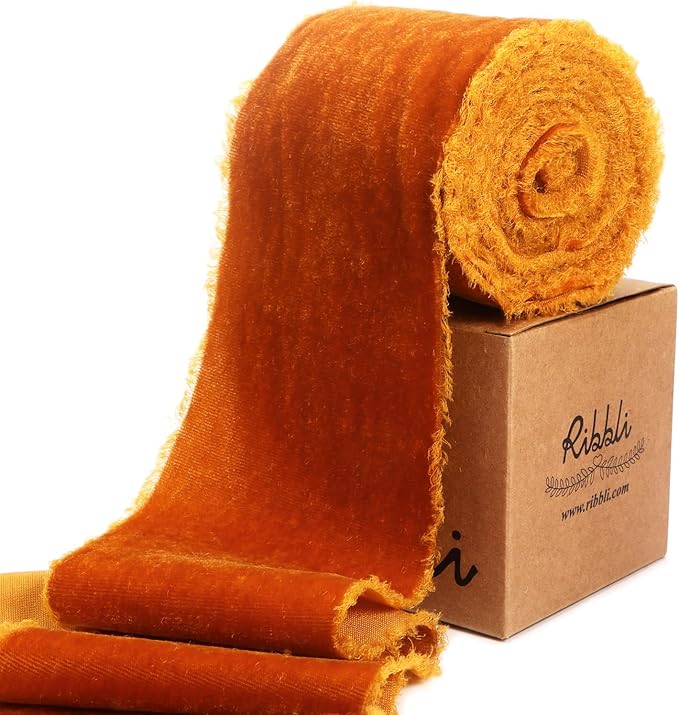 Ribbli Terracotta Velvet Ribbon 3 Inch Handmade Frayed Vintage Burnt Orange Christmas Ribbon for Gift Wrapping Tree Ornament Wreath Craft Home Decor -3 Yards