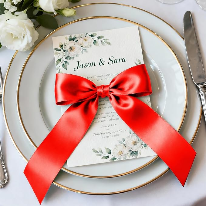 1-1/2" x 25 Yards Satin Ribbon, Red Silk Ribbon Ideal for Gift Wrapping, Floral Bouquets, Crafts, Wedding Party Decorations, Christmas and Sewing Projects