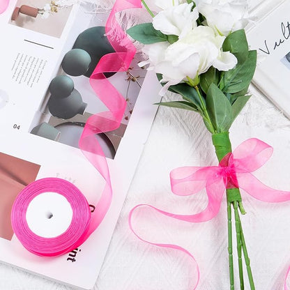 Hot Pink Ribbon for Gift Wrapping 1 inch Sheer Organza Ribbon for Flower Bouquet Tulle Thin Chiffon Ribbons for Wedding Invitations Presents Decorations Crafts 50 Yards