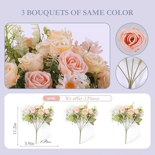 3 Pcs Artificial Rose Flowers Fake Rose Silk Bouquet Plastic Flower Arrangements Wedding Decoration Faux Floral Table Centerpieces Home Decorations(Pink)